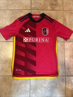 adidas Red and Yellow Kids Soccer Jersey with Purina Logo